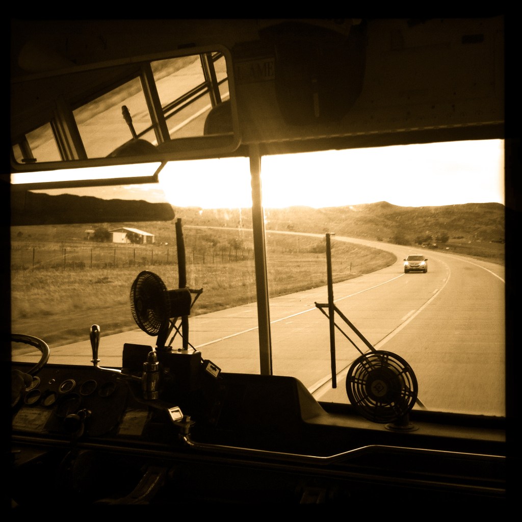 school bus driving through the Poudre Canyon in Colorado to see Josh Ritter at the Mishawaka