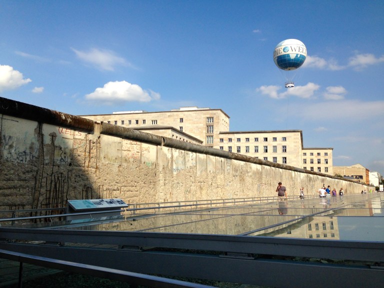 The outdoor Topographie des Terrors exhibit, next to a preserved portion of the Berlin Wall.