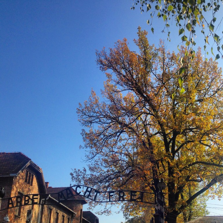 The gate to the entrance of Auschwitz I.